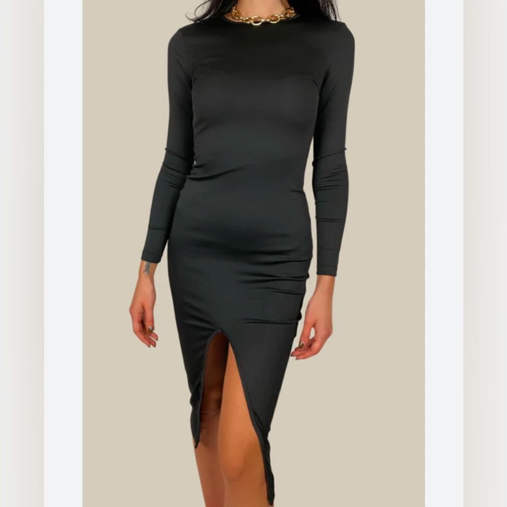 New Black Midi Fitted Long Sleeve Dress